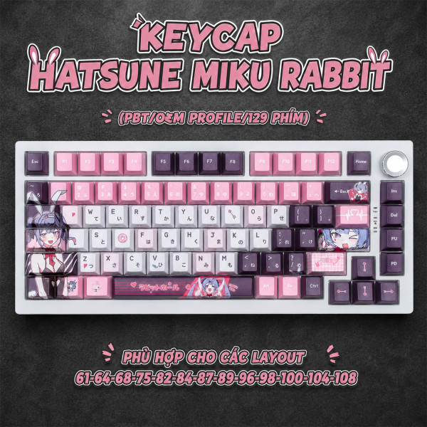 Keycap Cho Bàn Phím Cơ Hatsune Miku Rabbit  PBT OEM  Profile 129 Phím|EZPC