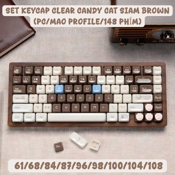 Keycap Cho Bàn Phím Cơ CLEAR CANDY CAT SIAM BROWN MAO Profile 148 Phím|EZPC