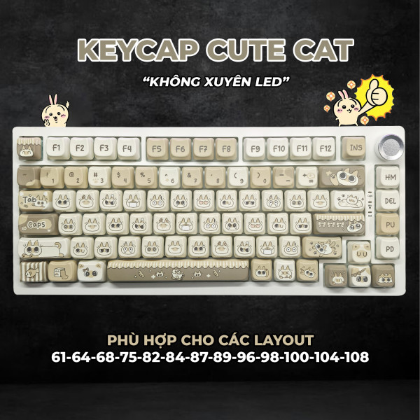 Keycap Cho Bàn Phím Cơ CUTE CAT  Không Xuyên LED PBT MAO Profile 135 Phím|EZPC
