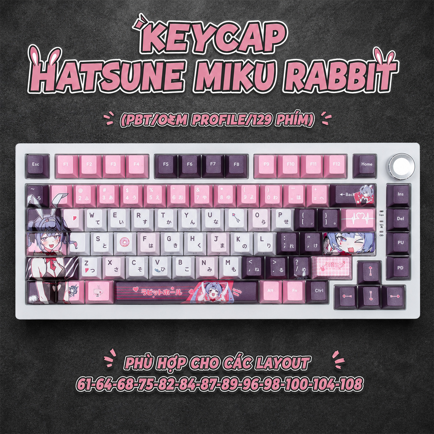 Keycap Cho Bàn Phím Cơ Hatsune Miku Rabbit  PBT OEM  Profile 129 Phím|EZPC