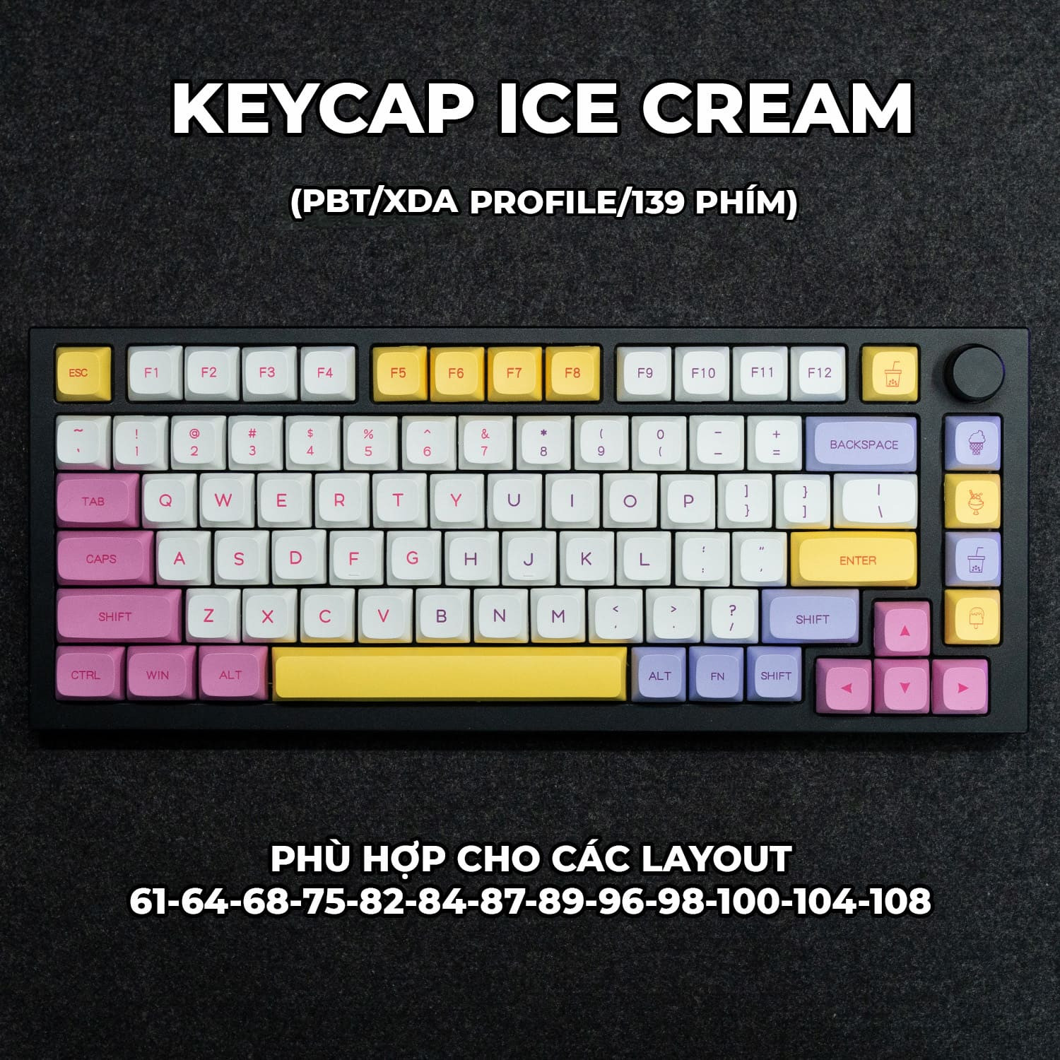 Keycap Cho Bàn Phím Cơ ICE CREAM  PBT XDA  Profile 129 Phím|EZPC