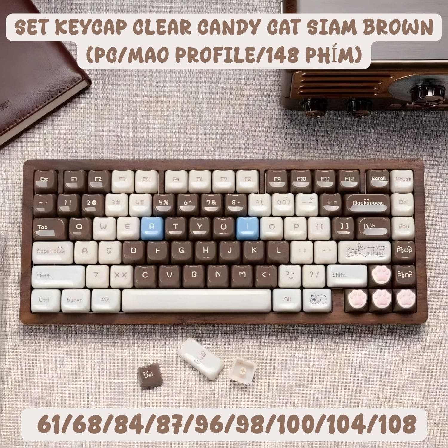 Keycap Cho Bàn Phím Cơ CLEAR CANDY CAT SIAM BROWN MAO Profile 148 Phím|EZPC