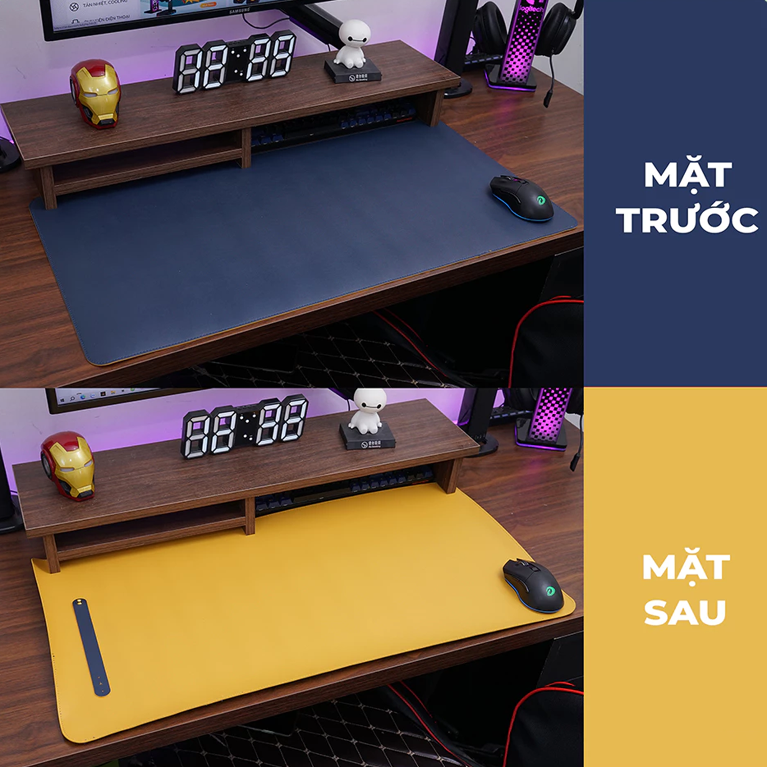 LÓT CHUỘT DA PU 80X40 2 MẶT XANH NAVI VÀ VÀNG