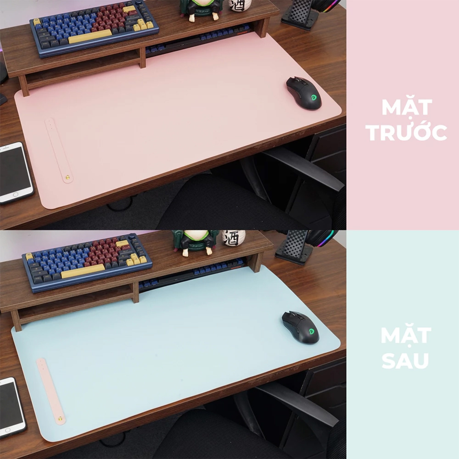 LÓT CHUỘT DA PU 80X40 2 MẶT HỒNG VÀ XANH DƯƠNG
