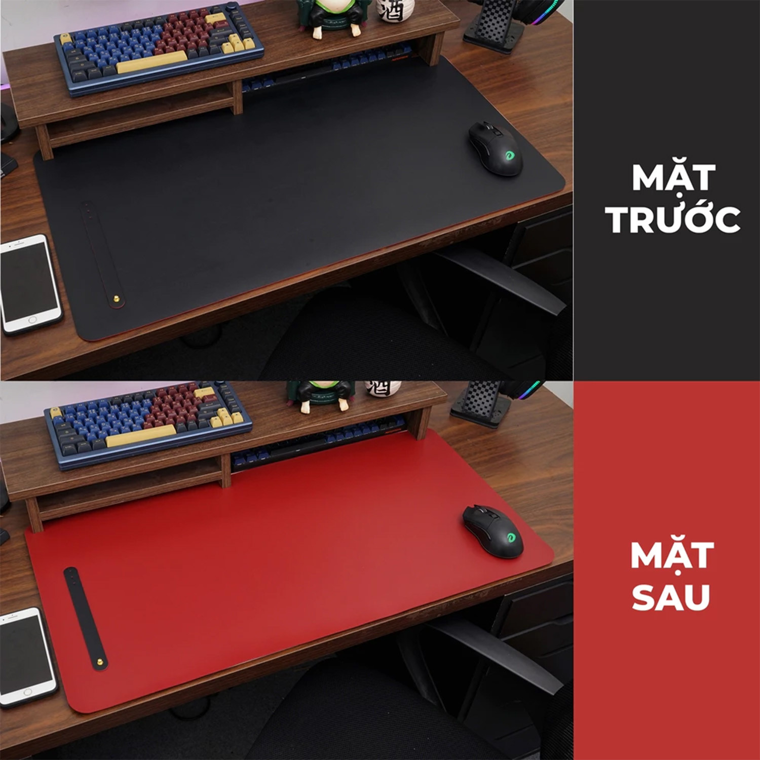 LÓT CHUỘT DA PU 80X40 2 MẶT ĐEN VÀ ĐỎ